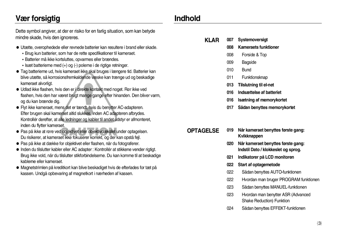 Samsung EC-NV15ZSBA/E2, EC-NV15ZBBA/E2, EC-NV15ZSDA/E3 manual Vær forsigtig, Indhold 