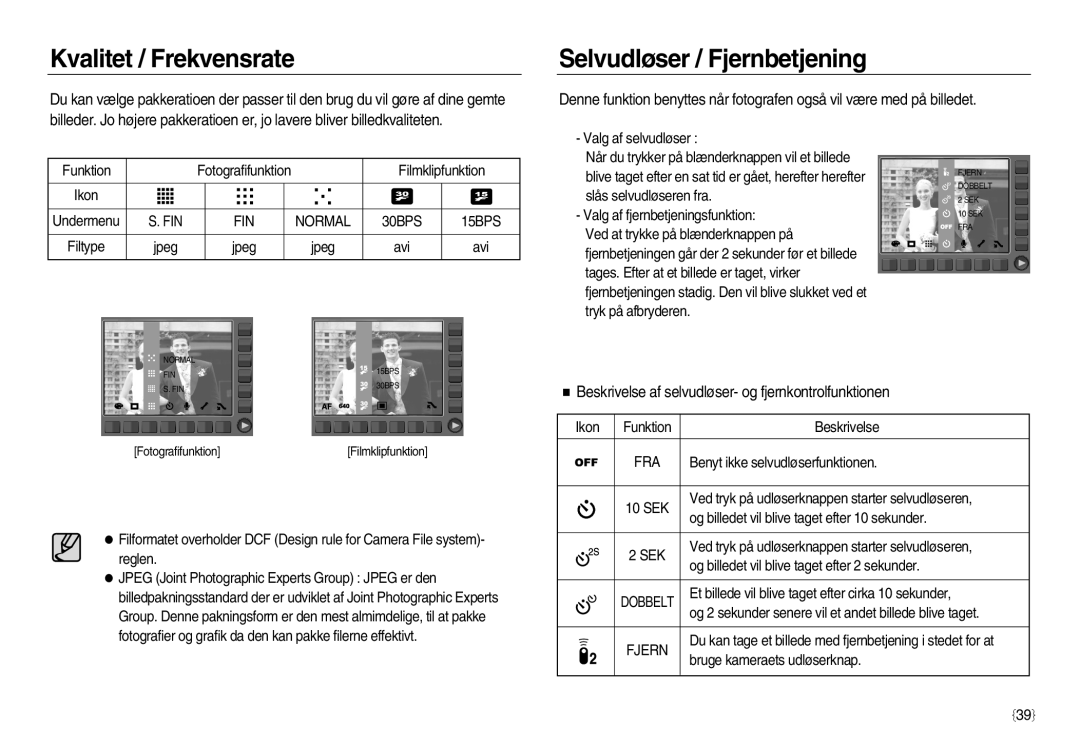 Samsung EC-NV15ZSBA/E2, EC-NV15ZBBA/E2, EC-NV15ZSDA/E3 manual Kvalitet / Frekvensrate, Selvudløser / Fjernbetjening, Sek 