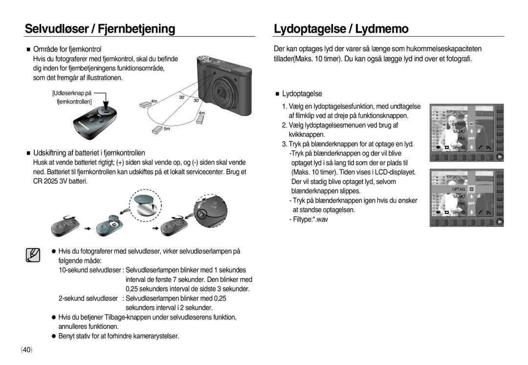 Samsung EC-NV15ZSDA/E3 manual Lydoptagelse / Lydmemo, Område for fjernkontrol, Udskiftning af batteriet i fjernkontrollen 