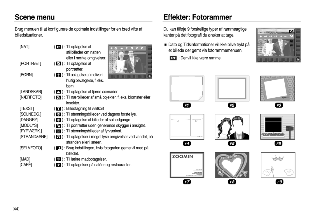 Samsung EC-NV15ZBBA/E2, EC-NV15ZSBA/E2, EC-NV15ZSDA/E3 manual Scene menu, Effekter Fotorammer 