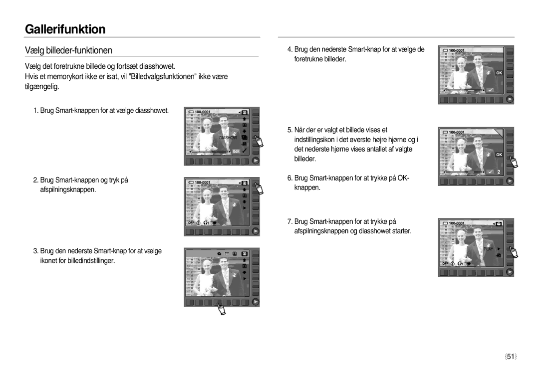 Samsung EC-NV15ZSBA/E2, EC-NV15ZBBA/E2, EC-NV15ZSDA/E3 manual Vælg billeder-funktionen 