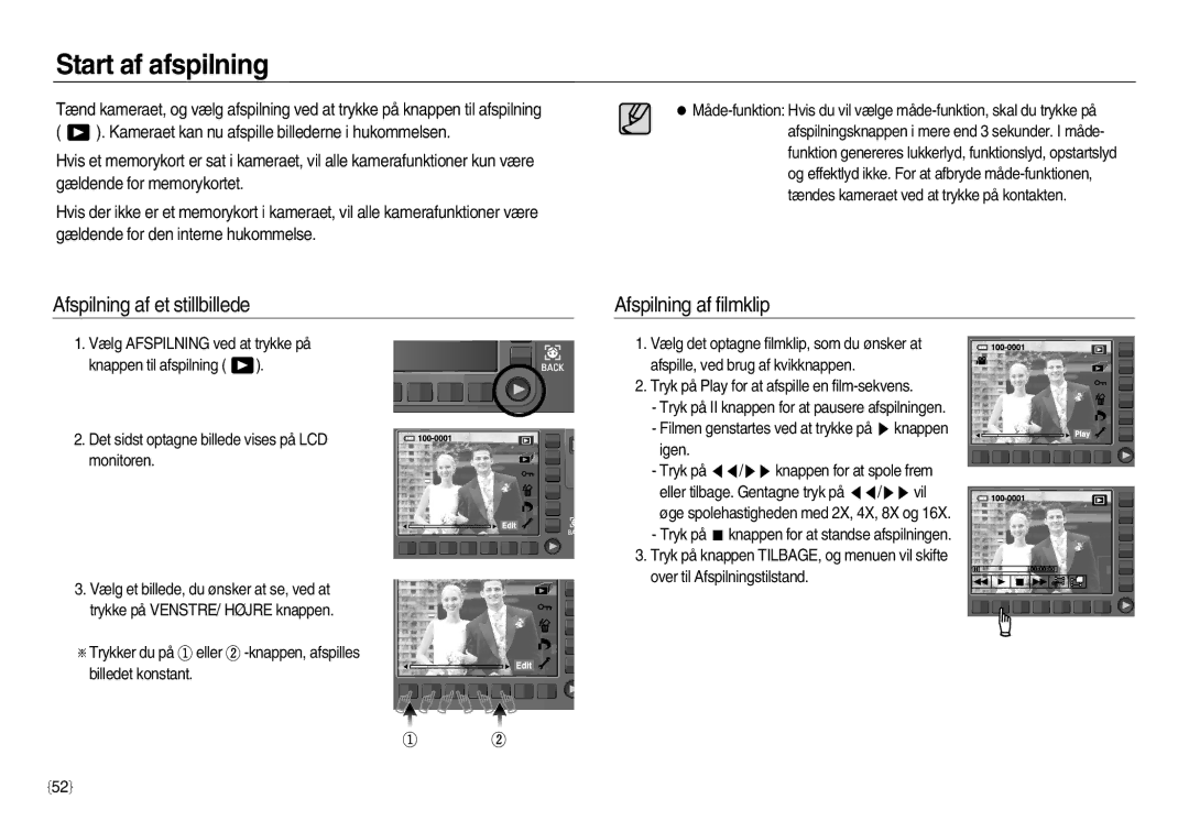 Samsung EC-NV15ZSDA/E3, EC-NV15ZBBA/E2 manual Start af afspilning, Afspilning af et stillbillede, Afspilning af filmklip 