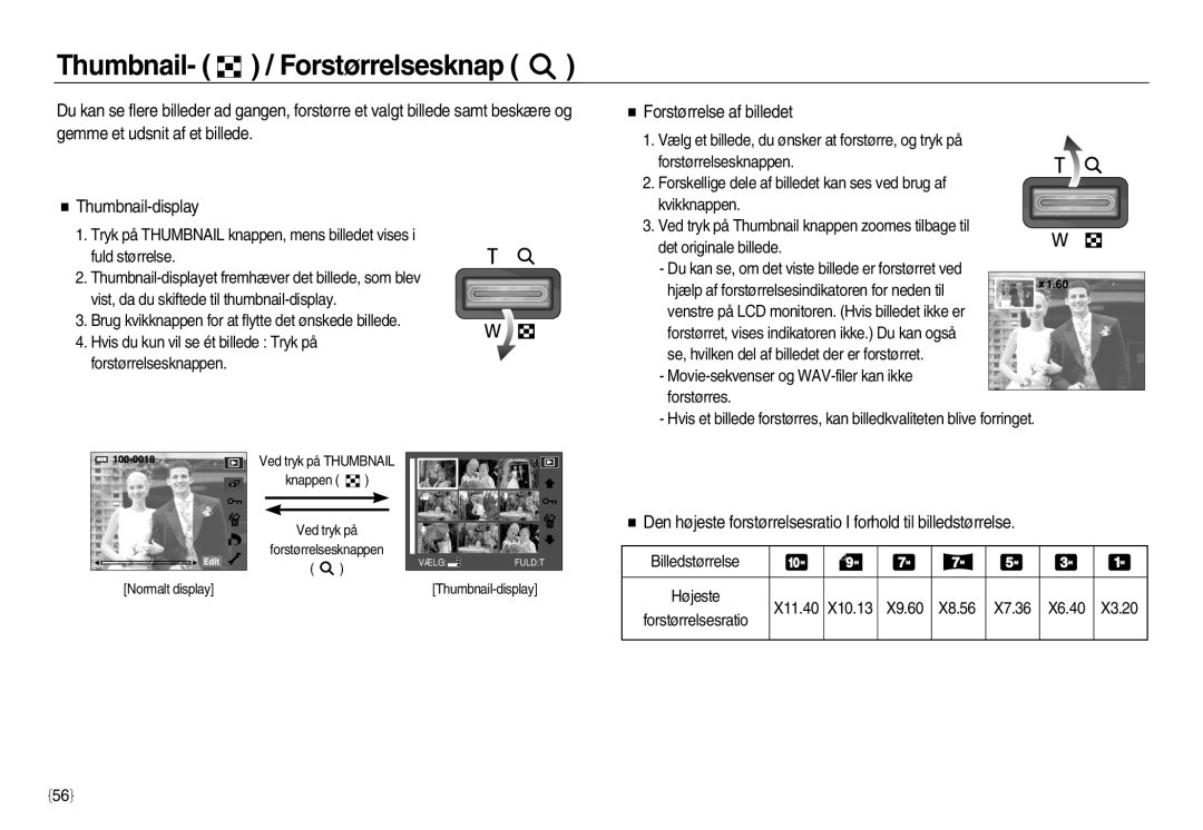 Samsung EC-NV15ZBBA/E2, EC-NV15ZSBA/E2, EC-NV15ZSDA/E3 manual Thumbnail- / Forstørrelsesknap, Forstørrelse af billedet 