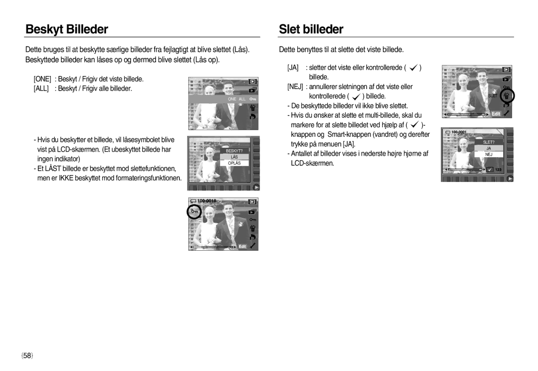 Samsung EC-NV15ZSDA/E3 manual Beskyt Billeder, Slet billeder, Dette benyttes til at slette det viste billede, One, All 