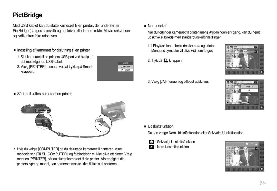 Samsung EC-NV15ZBBA/E2 manual PictBridge, Indstilling af kameraet for tilslutning til en printer, Udskriftsfunktion 