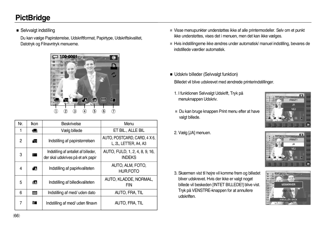 Samsung EC-NV15ZSBA/E2, EC-NV15ZBBA/E2, EC-NV15ZSDA/E3 manual Selvvalgt indstilling, Udskriv billeder Selvvalgt funktion 