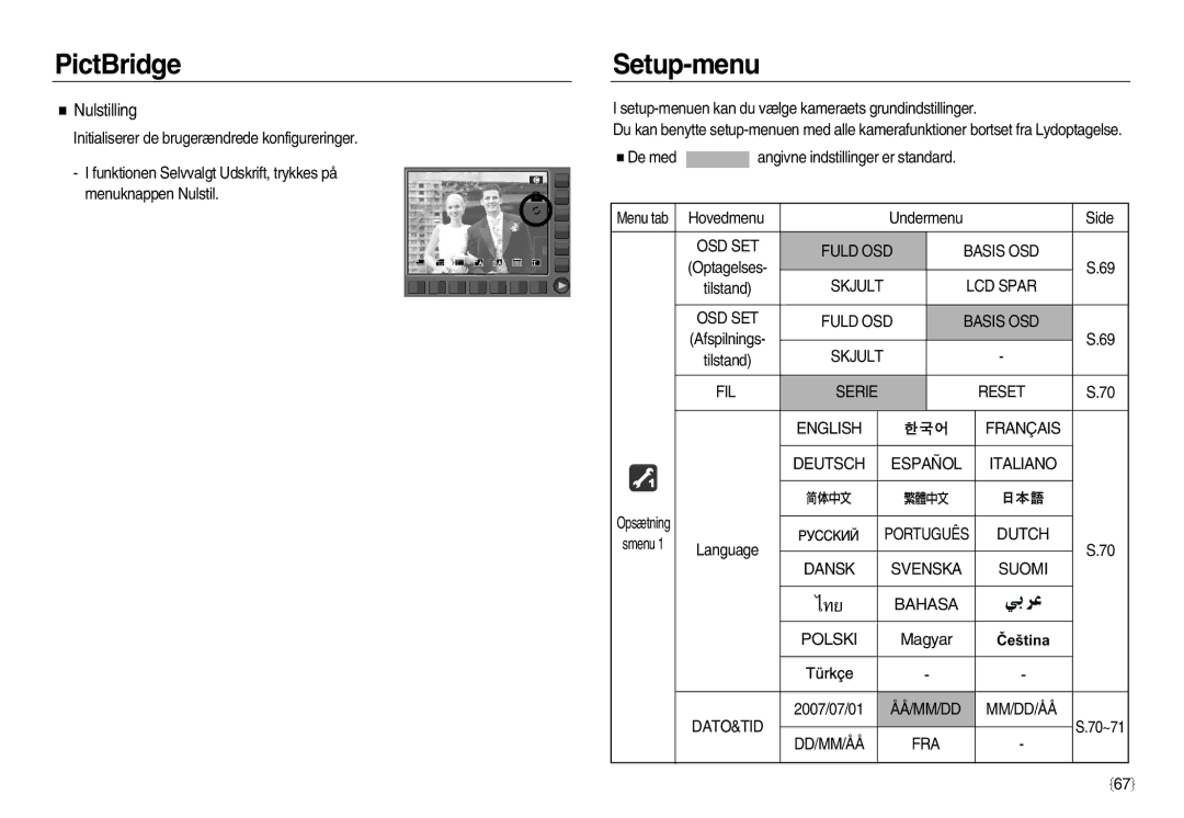 Samsung EC-NV15ZSDA/E3, EC-NV15ZBBA/E2, EC-NV15ZSBA/E2 manual Setup-menu, Nulstilling 