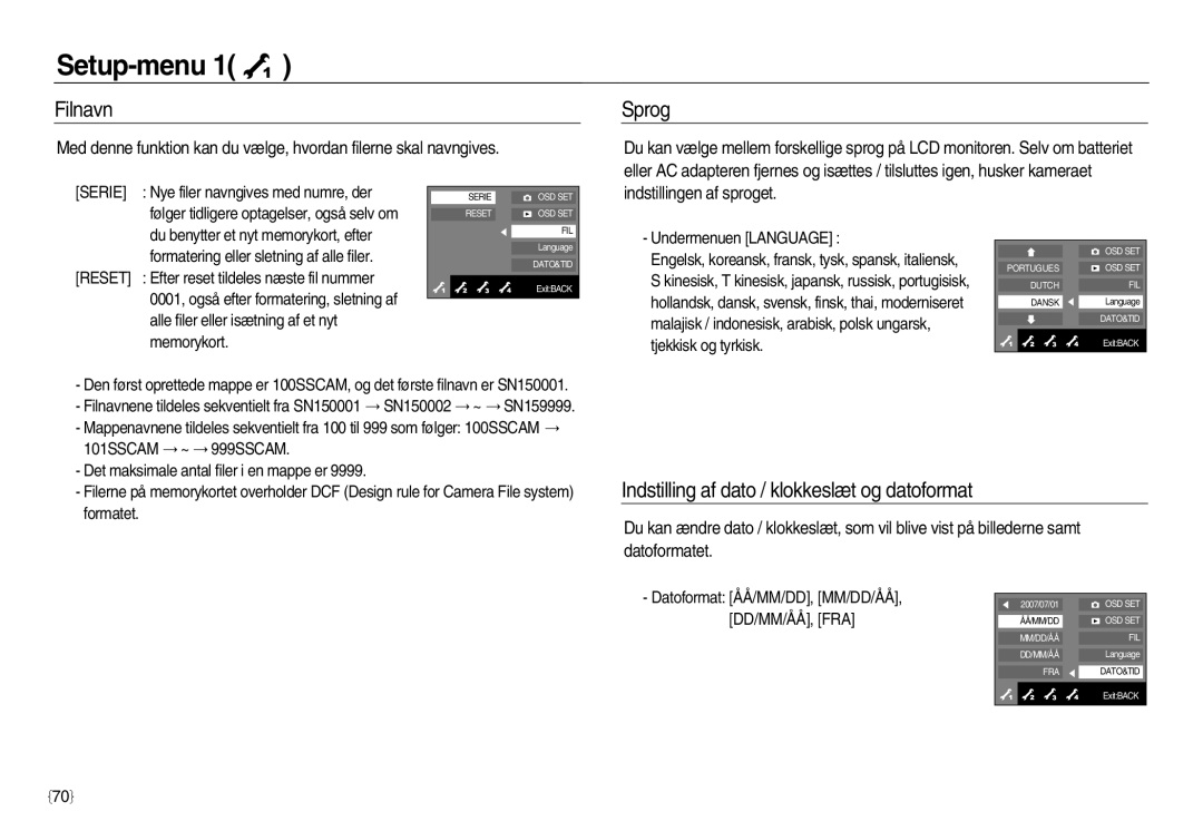 Samsung EC-NV15ZSDA/E3 manual Filnavn, Sprog, Indstilling af dato / klokkeslæt og datoformat, Indstillingen af sproget 