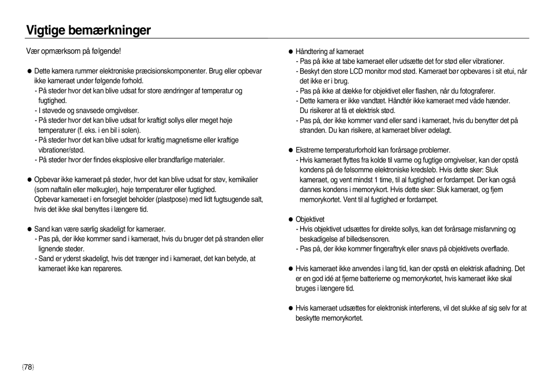 Samsung EC-NV15ZSBA/E2, EC-NV15ZBBA/E2, EC-NV15ZSDA/E3 manual Vigtige bemærkninger, Vær opmærksom på følgende 