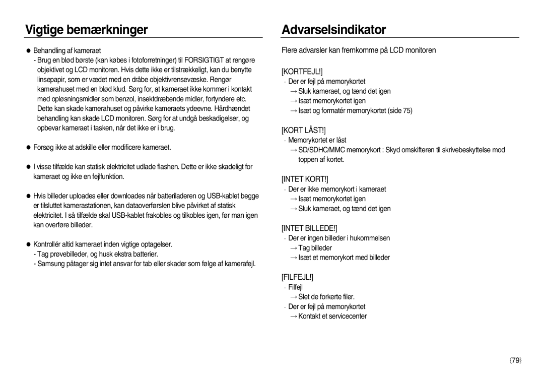 Samsung EC-NV15ZSDA/E3, EC-NV15ZBBA/E2, EC-NV15ZSBA/E2 manual Flere advarsler kan fremkomme på LCD monitoren, Kortfejl 