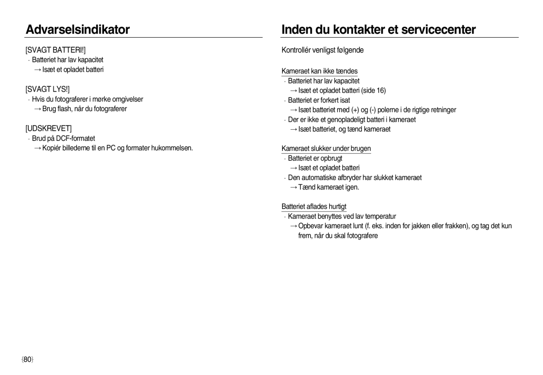 Samsung EC-NV15ZBBA/E2, EC-NV15ZSBA/E2, EC-NV15ZSDA/E3 Inden du kontakter et servicecenter, Kontrollér venligst følgende 