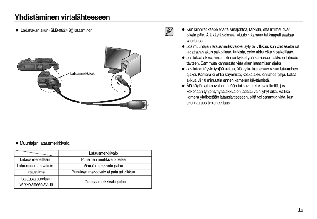 Samsung EC-NV15ZSBA/E2, EC-NV15ZBBA/E2 Muuntajan latausmerkkivalo, Ladattavan akun SLB-0837B lataaminen, Latausmerkkivalo 