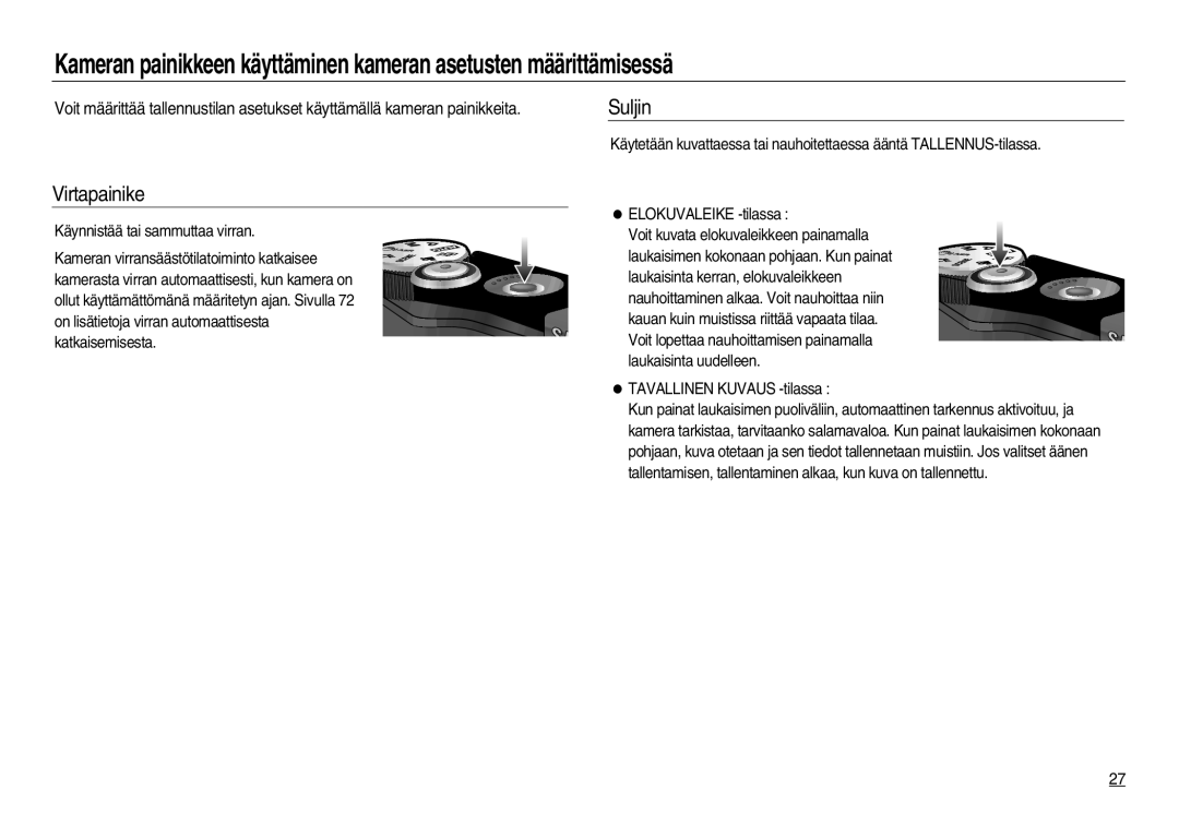 Samsung EC-NV15ZSBA/E2, EC-NV15ZBBA/E2 Virtapainike, Suljin, Käynnistää tai sammuttaa virran, Tavallinen Kuvaus -tilassa 