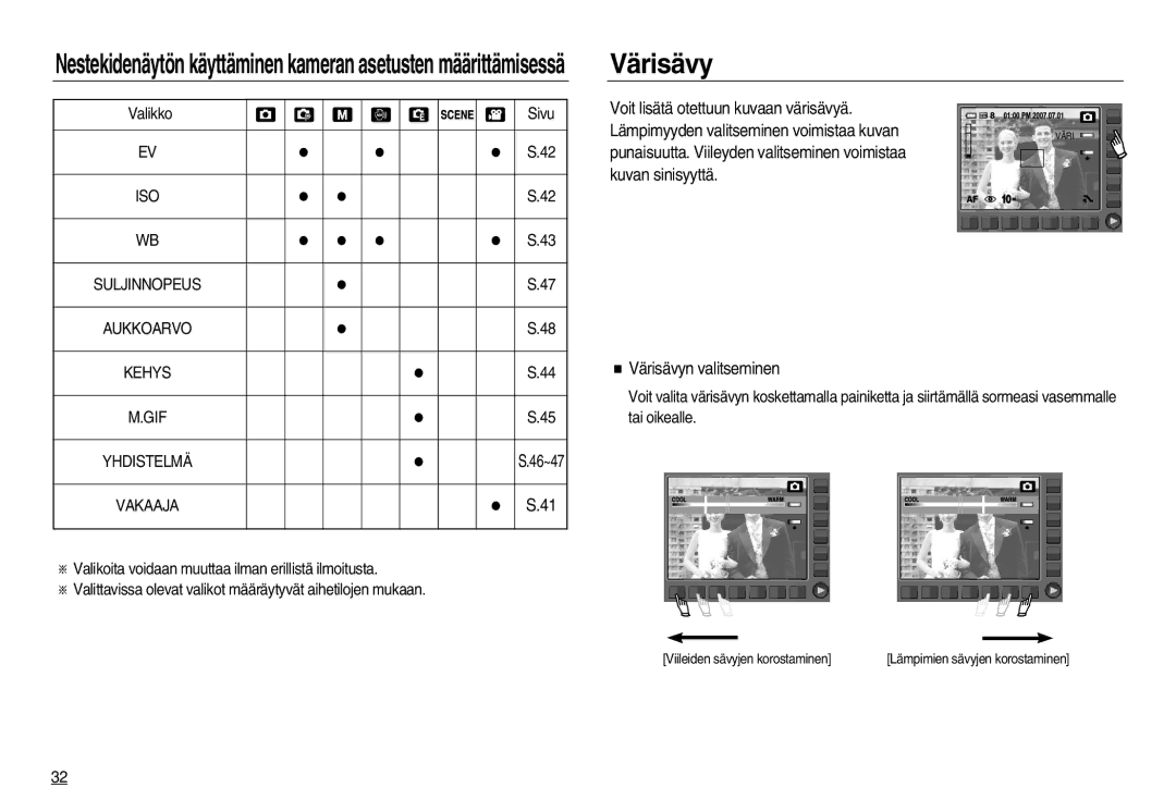 Samsung EC-NV15ZBBA/E2, EC-NV15ZSBA/E2 Voit lisätä otettuun kuvaan värisävyä, Kuvan sinisyyttä Värisävyn valitseminen 