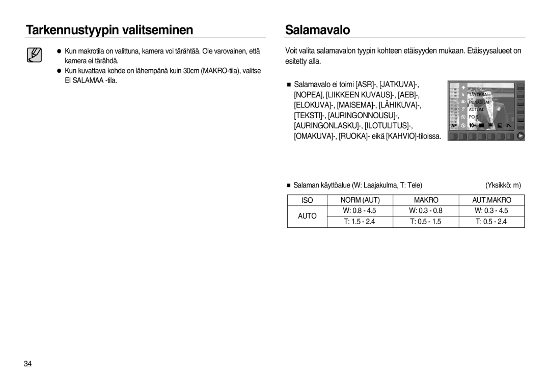 Samsung EC-NV15ZSDA/E3 manual Salamavalo, Salaman käyttöalue W Laajakulma, T Tele, Yksikkö m, ISO Norm AUT Makro AUT.MAKRO 