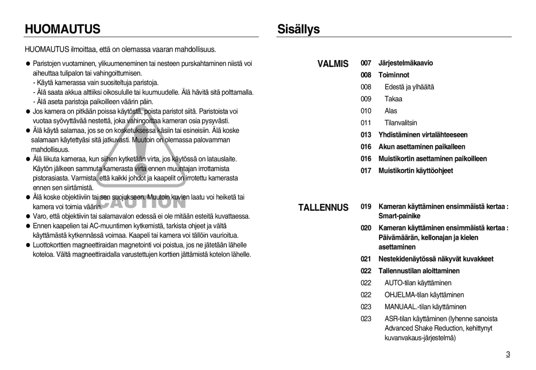 Samsung EC-NV15ZSBA/E2, EC-NV15ZBBA/E2, EC-NV15ZSDA/E3 Sisällys, Huomautus ilmoittaa, että on olemassa vaaran mahdollisuus 