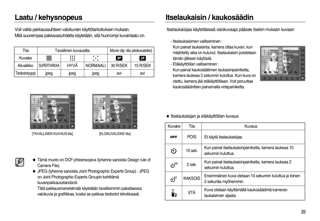 Samsung EC-NV15ZSBA/E2 manual Laatu / kehysnopeus, Itselaukaisin / kaukosäädin, Itselaukaisijan ja etäkäyttötilan kuvaus 