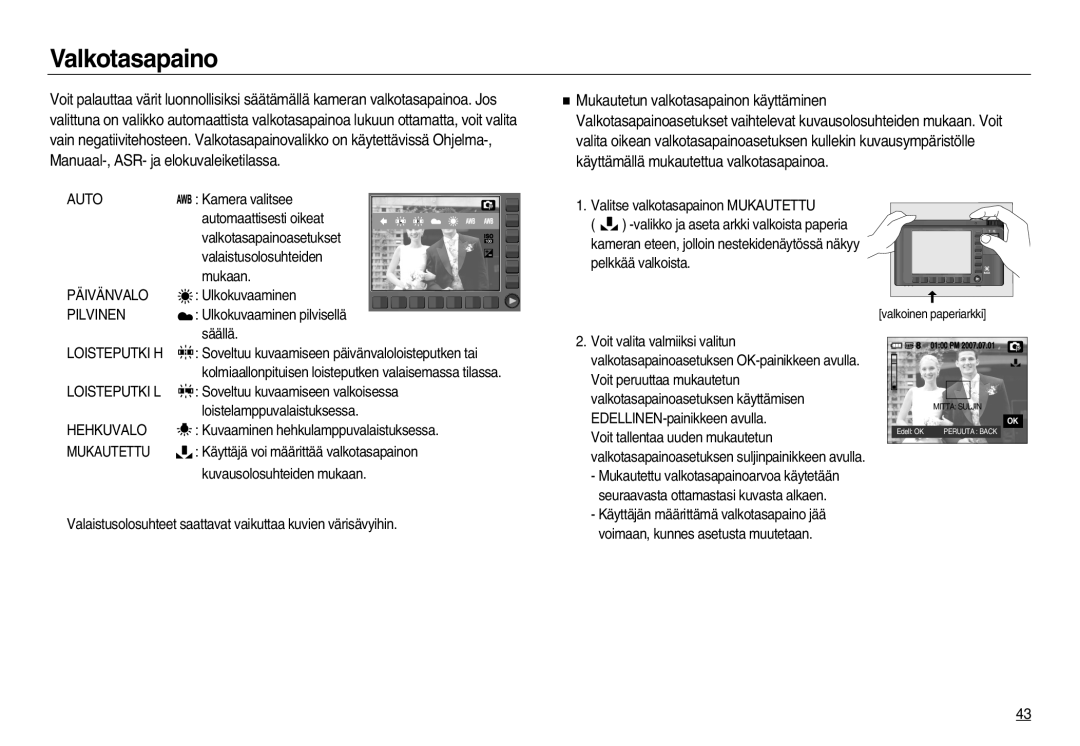 Samsung EC-NV15ZSDA/E3, EC-NV15ZBBA/E2, EC-NV15ZSBA/E2 manual Valkotasapaino, Mukautetun valkotasapainon käyttäminen 