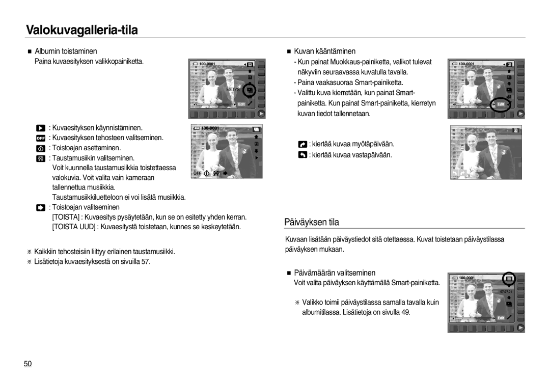 Samsung EC-NV15ZBBA/E2, EC-NV15ZSBA/E2 Päiväyksen tila, Albumin toistaminen, Kuvan kääntäminen, Päivämäärän valitseminen 