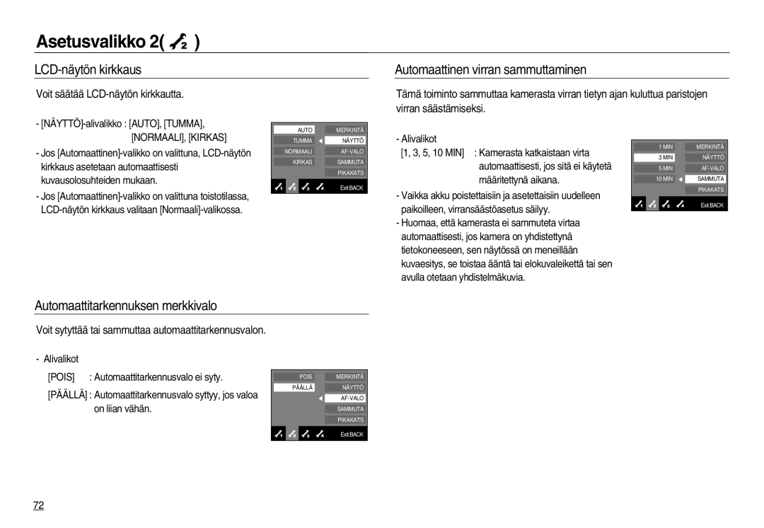 Samsung EC-NV15ZSBA/E2 manual LCD-näytön kirkkaus Automaattinen virran sammuttaminen, Automaattitarkennuksen merkkivalo 