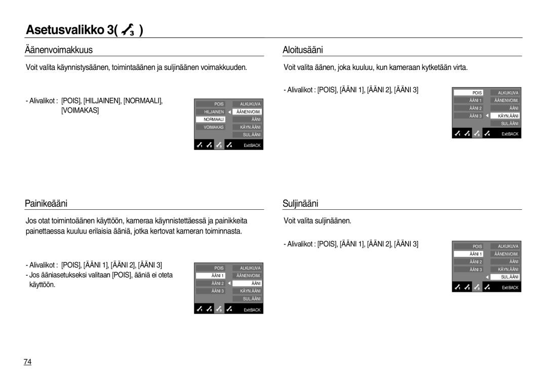 Samsung EC-NV15ZBBA/E2, EC-NV15ZSBA/E2 manual Äänenvoimakkuus, Aloitusääni, Painikeääni, Suljinääni, Voit valita suljinäänen 