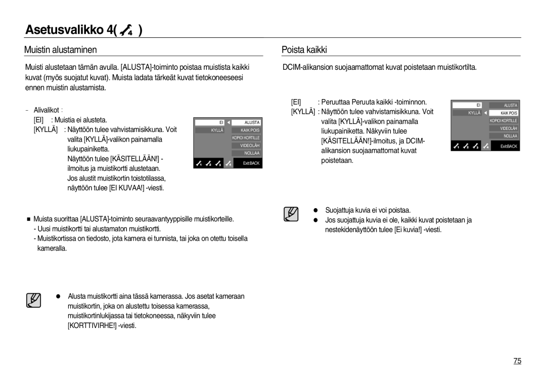 Samsung EC-NV15ZSBA/E2, EC-NV15ZBBA/E2 manual Muistin alustaminen, Poista kaikki, EI Peruuttaa Peruuta kaikki -toiminnon 