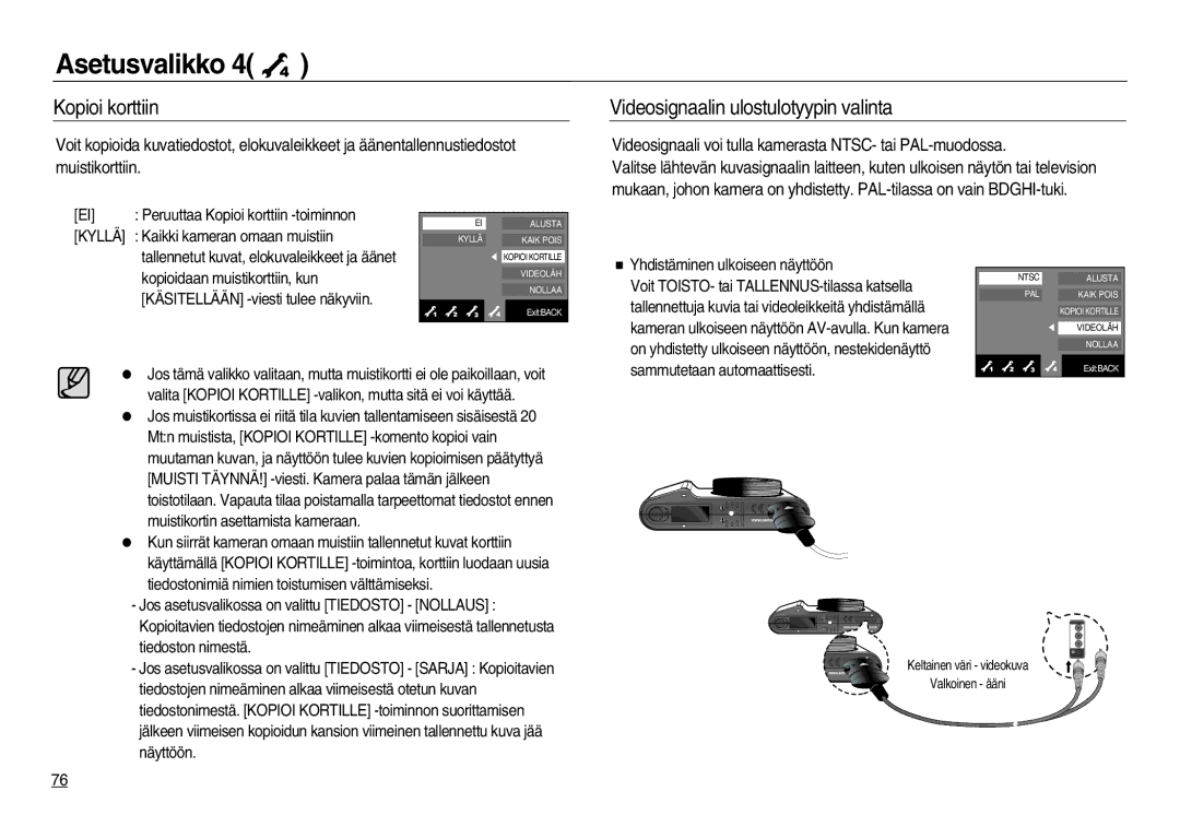 Samsung EC-NV15ZSDA/E3 manual Kopioi korttiin, Videosignaalin ulostulotyypin valinta, Yhdistäminen ulkoiseen näyttöön 