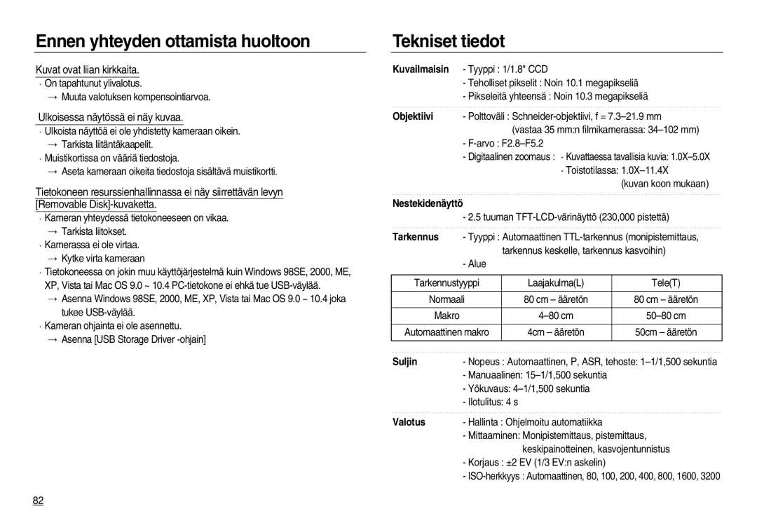 Samsung EC-NV15ZSDA/E3, EC-NV15ZBBA/E2 manual Tekniset tiedot, Kuvat ovat liian kirkkaita, Ulkoisessa näytössä ei näy kuvaa 