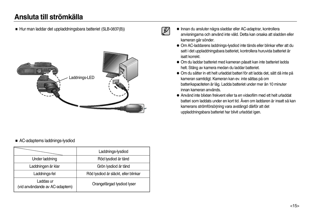 Samsung EC-NV15ZSBA/E2 manual Hur man laddar det uppladdningsbara batteriet SLB-0837B, AC-adapterns laddnings-lysdiod 