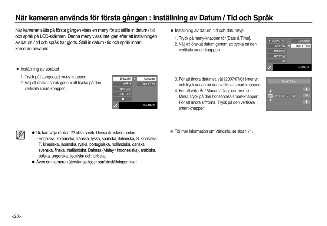 Samsung EC-NV15ZBBA/E2 manual Inställning av språket, Inställning av datum, tid och datumtyp, Vertikala smart-knappen 