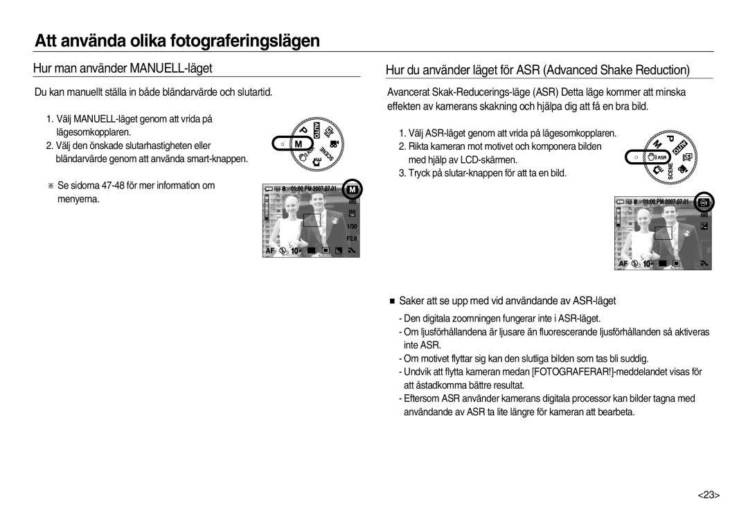 Samsung EC-NV15ZBBA/E2 manual Hur man använder MANUELL-läget, Hur du använder läget för ASR Advanced Shake Reduction 