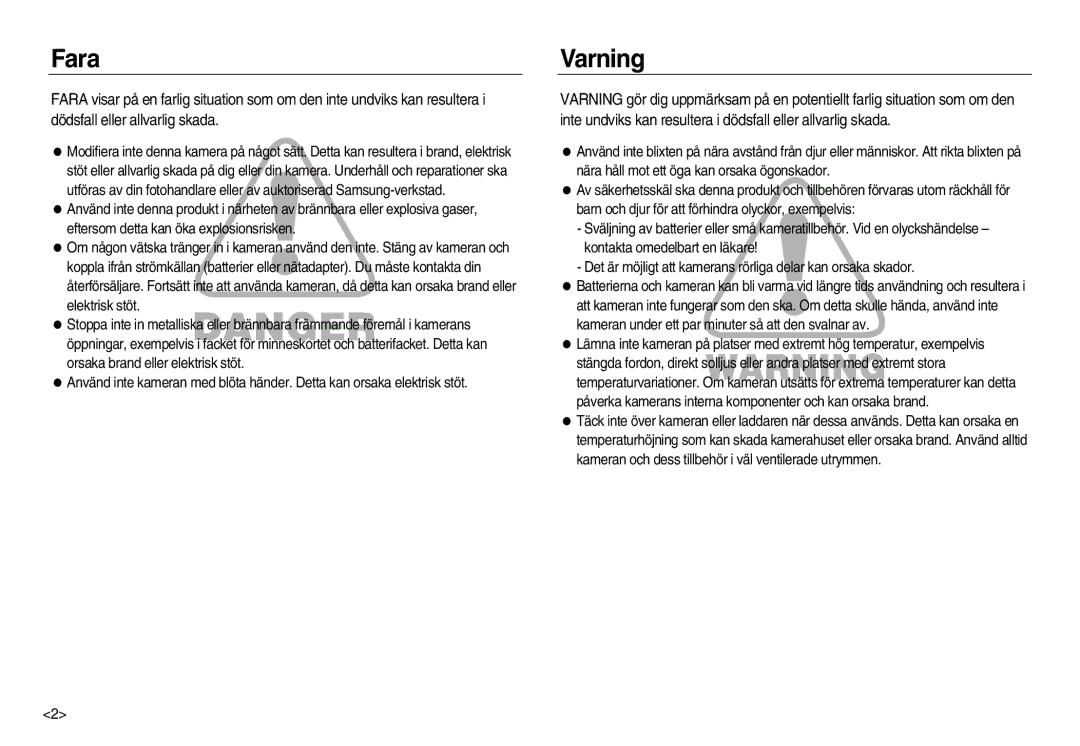 Samsung EC-NV15ZBBA/E2, EC-NV15ZSBA/E2, EC-NV15ZSDA/E3 manual Fara, Varning 