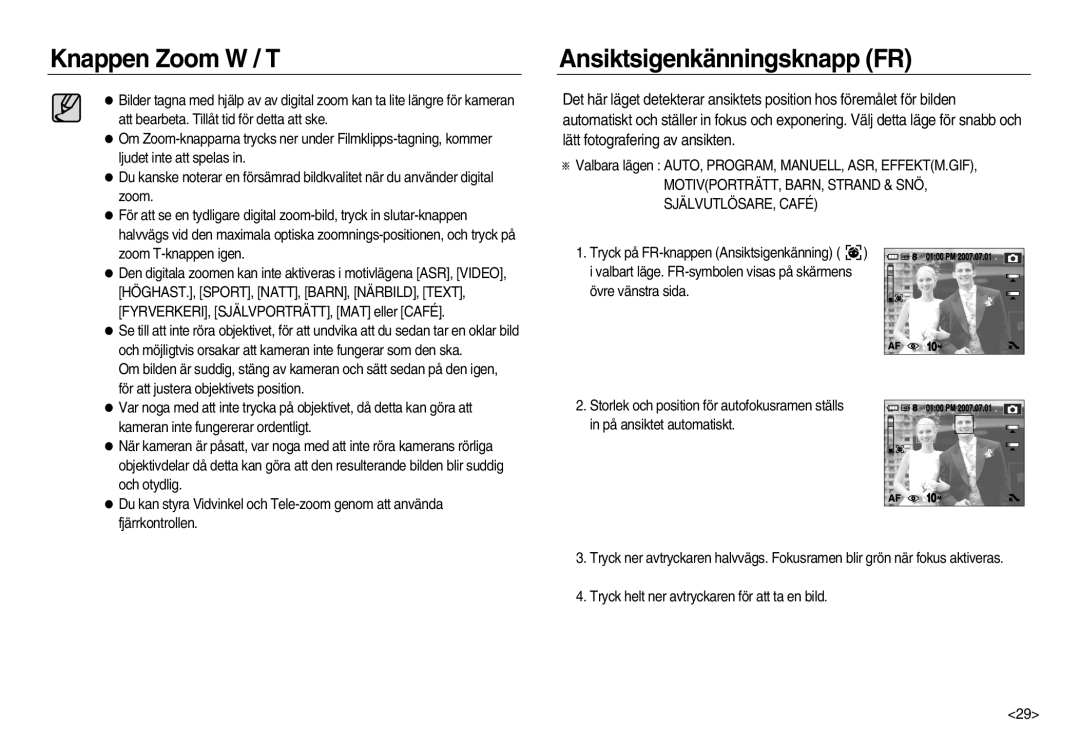 Samsung EC-NV15ZBBA/E2 manual Ansiktsigenkänningsknapp FR, ※ Valbara lägen AUTO, PROGRAM, MANUELL, ASR, EFFEKTM.GIF 