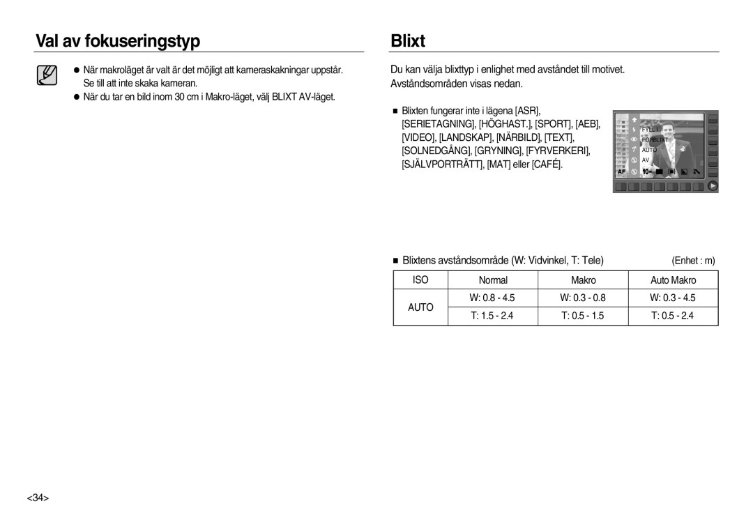 Samsung EC-NV15ZSDA/E3 manual Val av fokuseringstyp Blixt, Blixtens avståndsområde W Vidvinkel, T Tele, Enhet m, Iso 