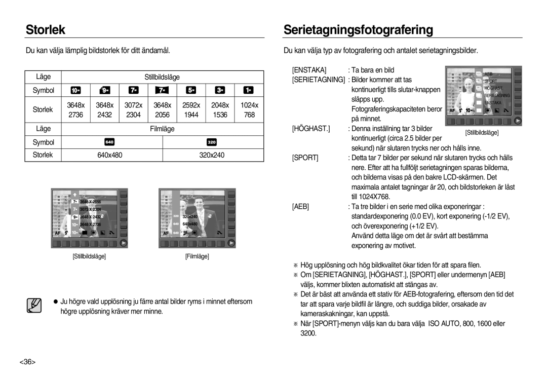 Samsung EC-NV15ZSBA/E2 manual Storlek, Serietagningsfotografering, Du kan välja lämplig bildstorlek för ditt ändamål 