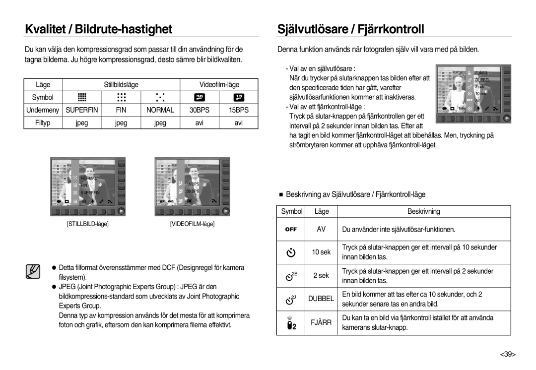 Samsung EC-NV15ZSBA/E2, EC-NV15ZBBA/E2, EC-NV15ZSDA/E3 manual Kvalitet / Bildrute-hastighet, Självutlösare / Fjärrkontroll 