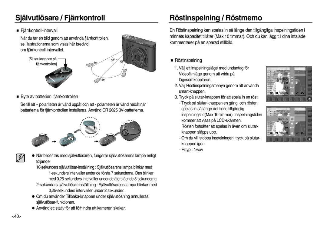 Samsung EC-NV15ZSDA/E3 manual Röstinspelning / Röstmemo, Fjärrkontroll-intervall, Byte av batterier i fjärrkontrollen 