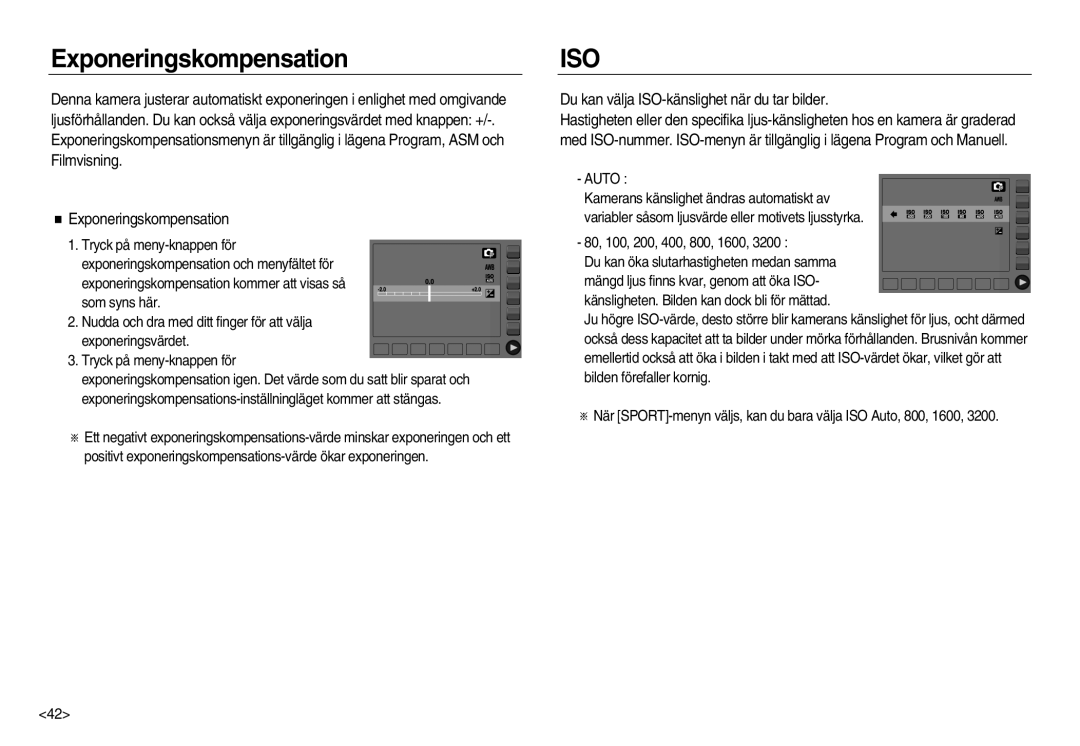 Samsung EC-NV15ZSBA/E2, EC-NV15ZBBA/E2 manual Exponeringskompensation, Du kan välja ISO-känslighet när du tar bilder, Auto 