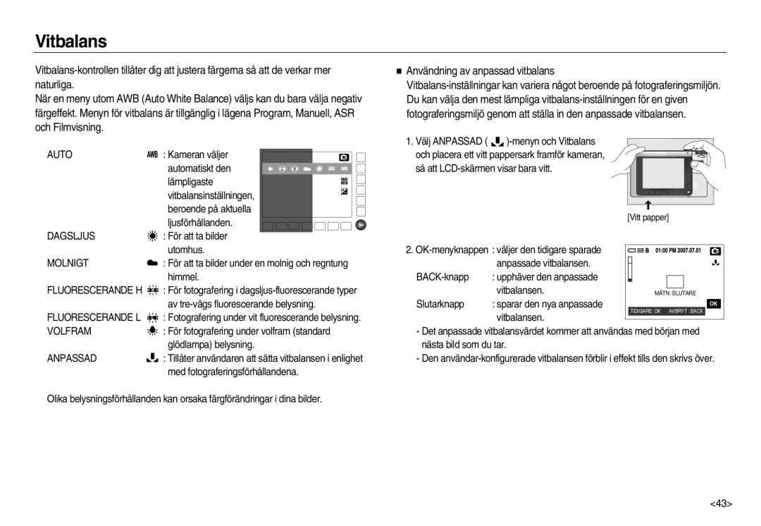 Samsung EC-NV15ZSDA/E3, EC-NV15ZBBA/E2, EC-NV15ZSBA/E2 manual Vitbalans, Användning av anpassad vitbalans 