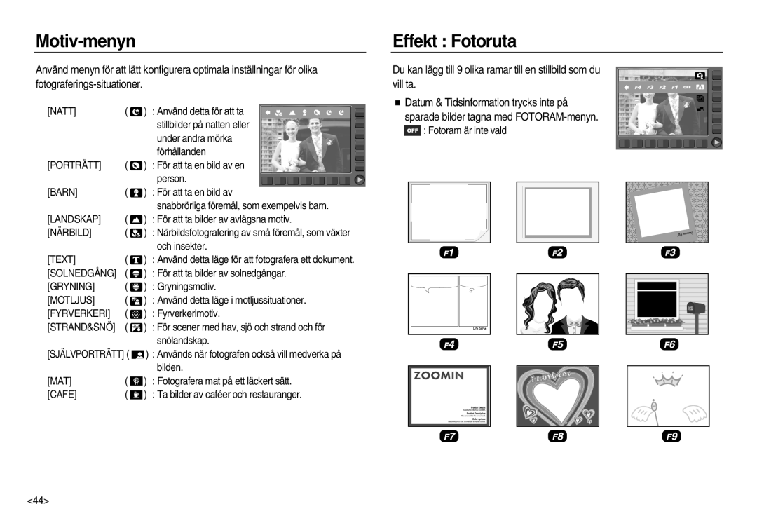 Samsung EC-NV15ZBBA/E2, EC-NV15ZSBA/E2, EC-NV15ZSDA/E3 manual Motiv-menyn, Effekt Fotoruta 