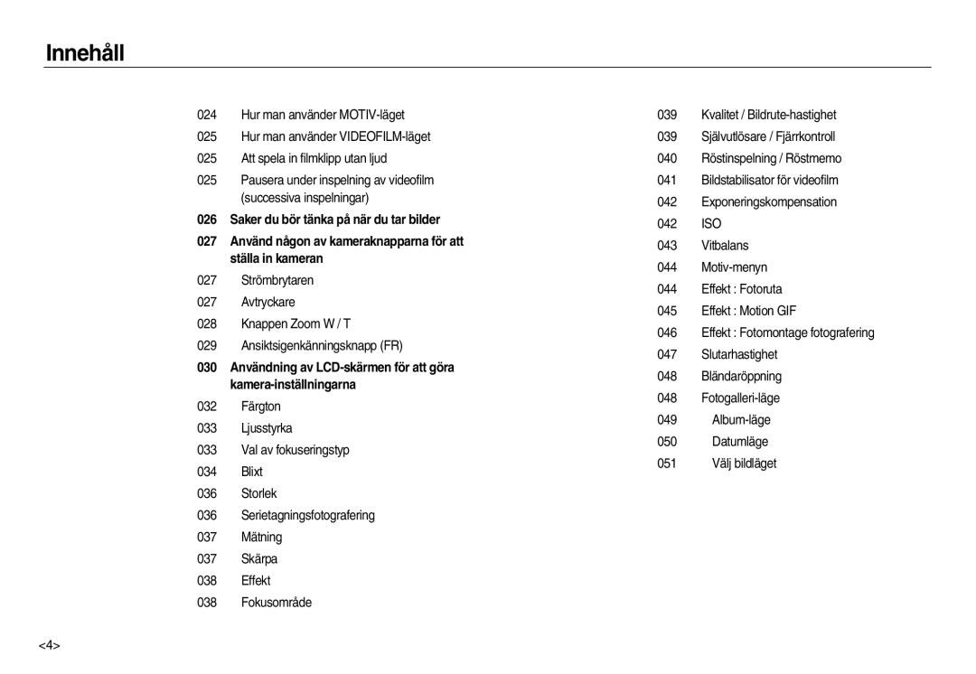 Samsung EC-NV15ZSDA/E3, EC-NV15ZBBA/E2, EC-NV15ZSBA/E2 manual Innehåll 