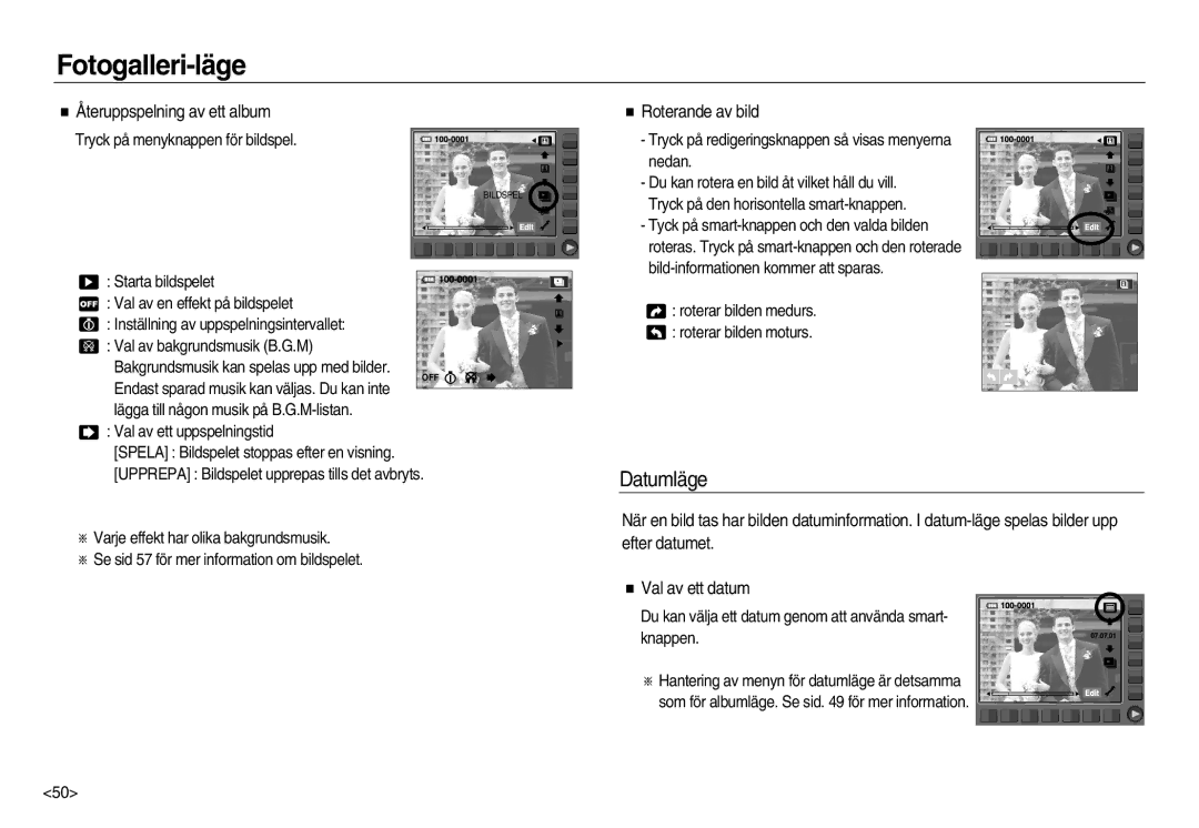 Samsung EC-NV15ZBBA/E2, EC-NV15ZSBA/E2, EC-NV15ZSDA/E3 manual Datumläge, Återuppspelning av ett album, Roterande av bild 