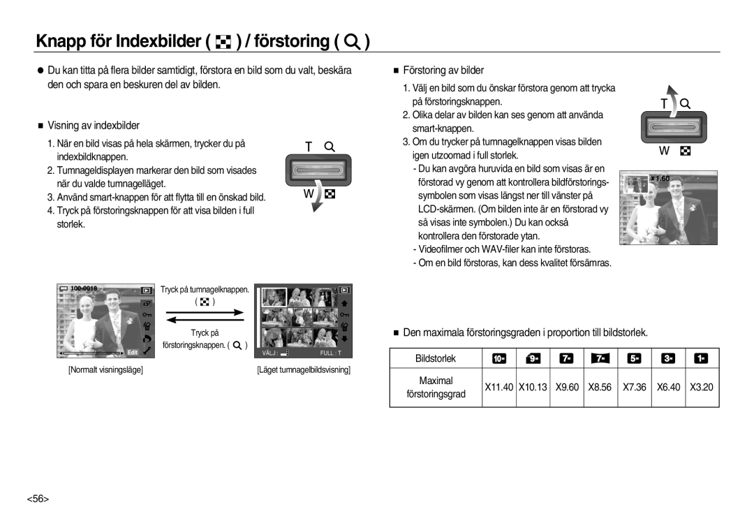 Samsung EC-NV15ZBBA/E2, EC-NV15ZSBA/E2 manual Knapp för Indexbilder / förstoring, Förstoring av bilder, Bildstorlek 