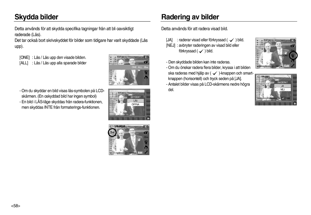 Samsung EC-NV15ZSDA/E3 manual Skydda bilder, Radering av bilder, Detta används för att radera visad bild, One, All 