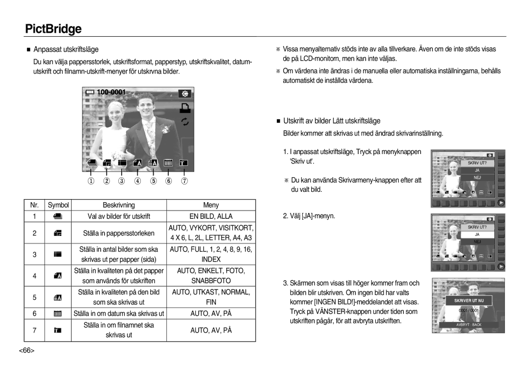 Samsung EC-NV15ZSBA/E2 manual Anpassat utskriftsläge, Utskrift av bilder Lätt utskriftsläge, Nr. Symbol Beskrivning 