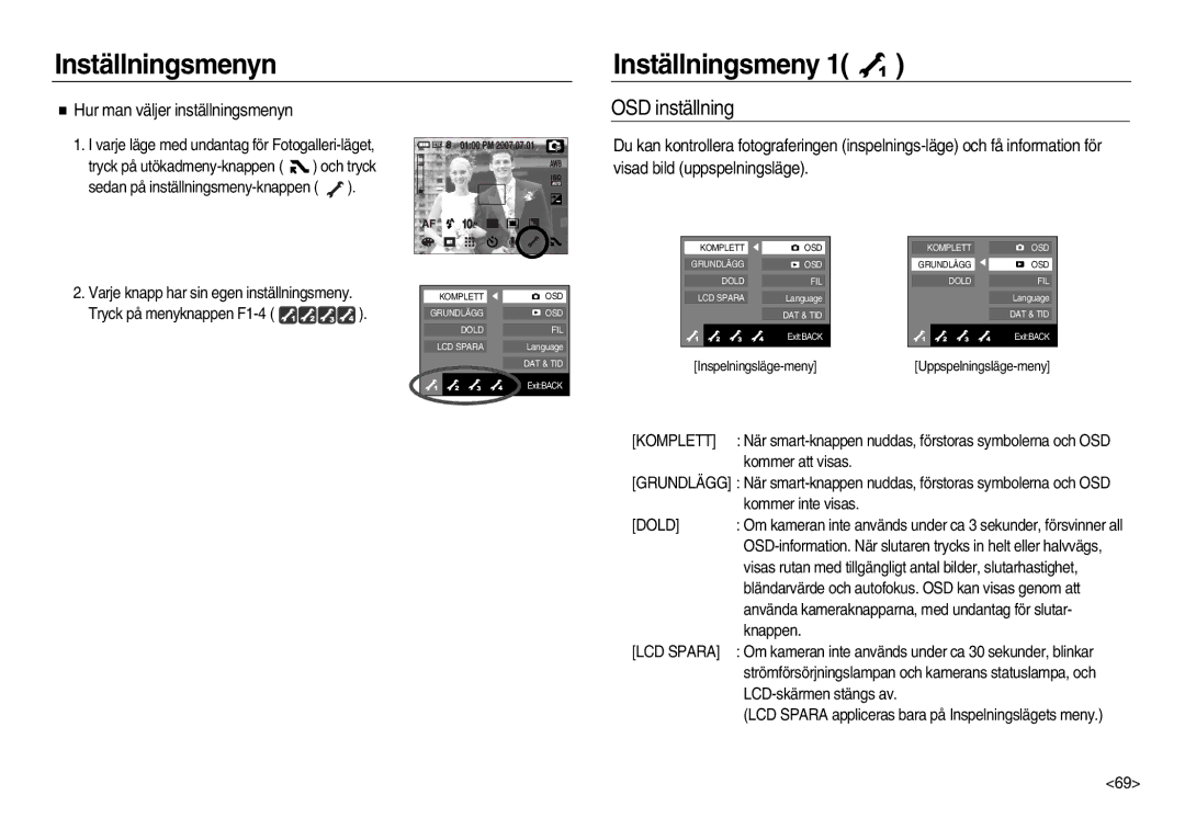 Samsung EC-NV15ZSBA/E2 OSD inställning, Hur man väljer inställningsmenyn, Visad bild uppspelningsläge, Dold, LCD Spara 