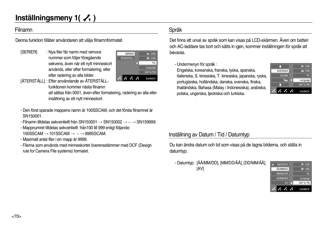 Samsung EC-NV15ZSDA/E3, EC-NV15ZBBA/E2 manual Inställningsmeny, Filnamn, Språk, Inställning av Datum / Tid / Datumtyp 