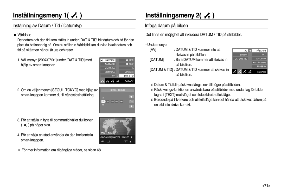 Samsung EC-NV15ZBBA/E2 manual Infoga datum på bilden, Världstid, ※ För mer information om tillgängliga städer, se sidan 