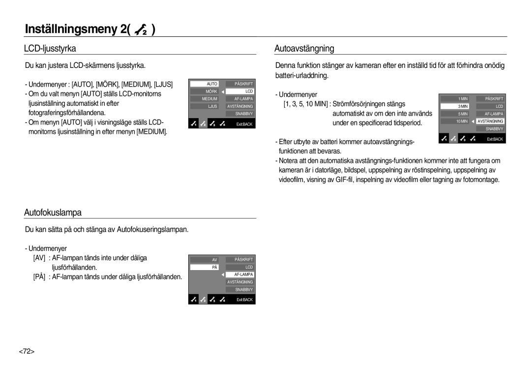 Samsung EC-NV15ZSBA/E2 manual LCD-ljusstyrka Autoavstängning, Autofokuslampa, Du kan justera LCD-skärmens ljusstyrka 