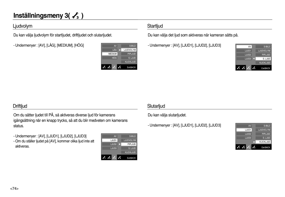 Samsung EC-NV15ZBBA/E2, EC-NV15ZSBA/E2, EC-NV15ZSDA/E3 manual Ljudvolym, Driftljud Startljud, Slutarljud 